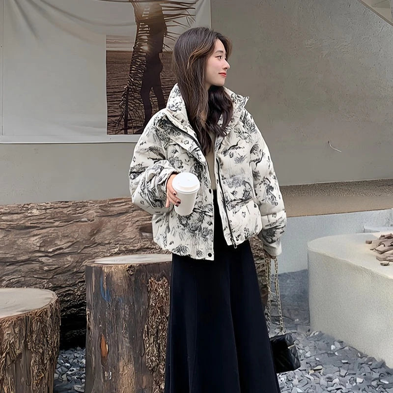 Stay Stylish & Cozy – Women's Korean Print Parka 2025